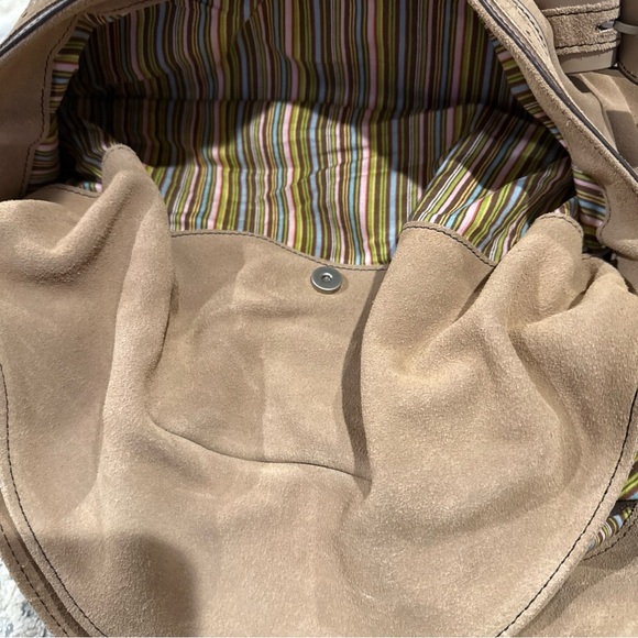 Longaberger Fold Over Hobo Handbag Purse Suede Leather Taupe Sisters P - Picture 11 of 12